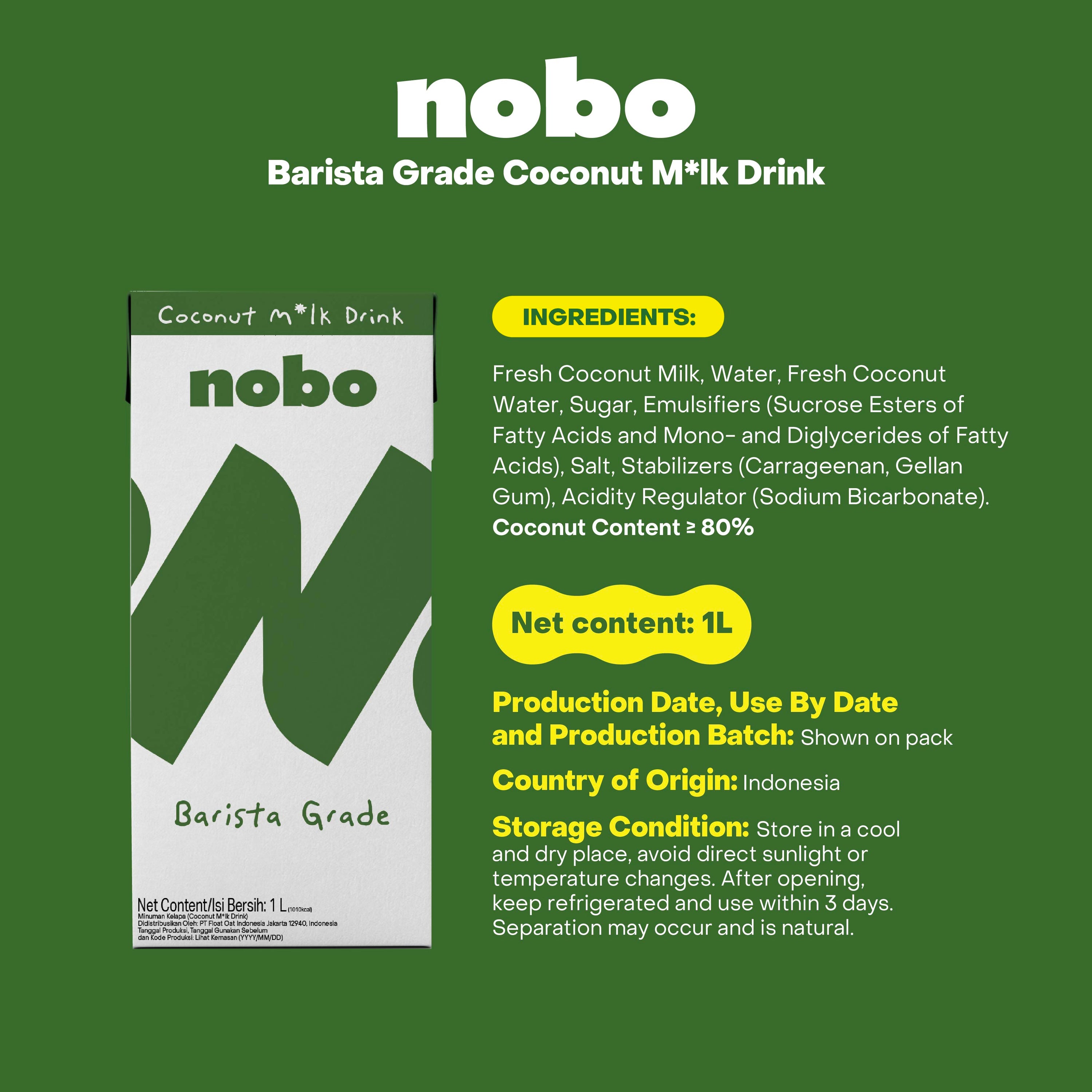 Nobo Barista Grade Coconut Milk 1L x 6 -  Frothable, Dairy Free, Cholesterol Free