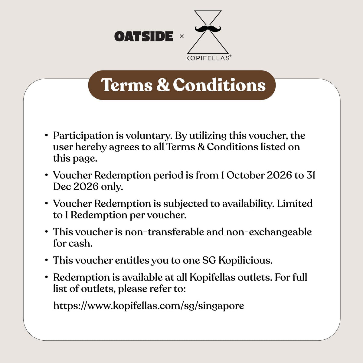 [GWP] Free OAT KOPI Voucher (worth $6.50) with min $15 spend